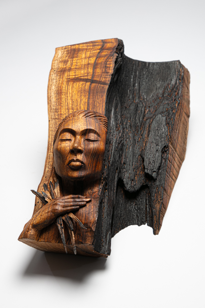 Artist V. Lee Cabanilla, work "Laka and the fire" is made from salvaged Koa wood, Lāna'i